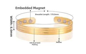 Detail of 18K gold-plated magnetic cuff bracelet showing 170mm length and 8mm width