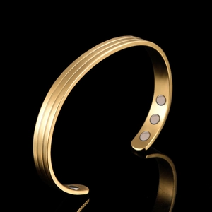 18K gold-plated magnetic health therapy open cuff bracelet with parallel groove design