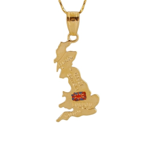 Colgante mapa Gran Bretaña dorado con bandera Union Jack y grabados de ciudades