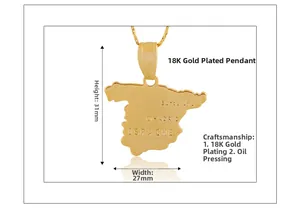 Detailed view of 18K gold plated Spain map pendant with engraved city names and dimensions
