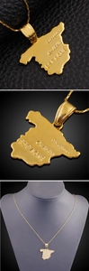 Detail of 18K gold plated Spain map pendant with engraved city names on neck model