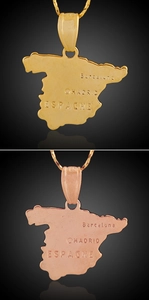 Detailed engraving of city names on gold and rose gold Spain map pendant necklaces