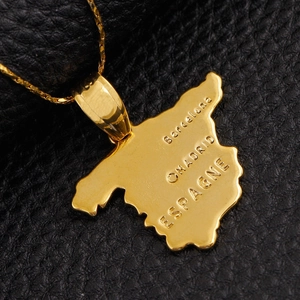 Polished 18K gold plated Spain map pendant necklace featuring Madrid and Barcelona engraving