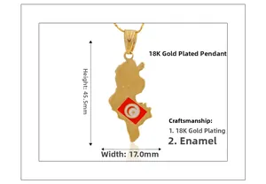 Detail of 18K gold plated Tunisia map pendant showing dimensions and flag enamel work