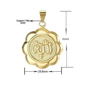 Detailed macro view showing 18K gold-plated Allah pendant with dimensions 41mm by 29.8mm