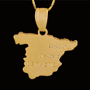 Polished 18K gold plated Spain map necklace featuring Madrid and Barcelona engravings
