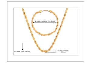 Technical drawing of 18K gold plated 3mm twist rope chain set with dimensions