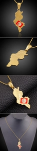 Detail of 18K gold plated Tunisia map pendant with national flag and wave chain
