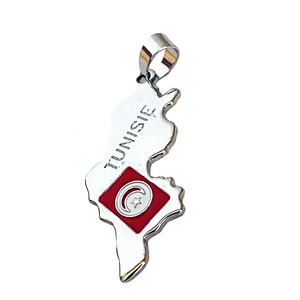 Silver Tunisia map pendant necklace with TUNISIE engraving and national flag enamel detail