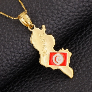 18K gold plated Tunisia map pendant necklace with red and white flag motif on black leather