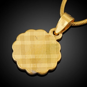 Back view of 18K gold plated round floral pendant with grid pattern and snake chain