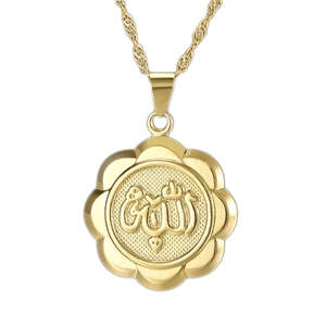 18K gold-plated circular flower pendant necklace with Arabic Allah calligraphy design