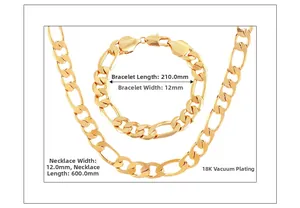 Détail de l'ensemble collier et bracelet Figaro plaqué or 18K avec les dimensions