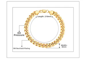 Dettaglio del bracciale a catena cubana placcato oro 18K da 8mm con specifiche tecniche