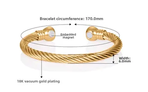 Detail eines 18K vergoldeten gedrehten Armreifs mit Magnetenden und Größenabmessungen