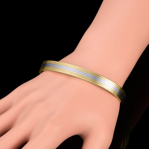 Bracciale rigido aperto per magnetoterapia bicolore a strisce placcato oro 18K e argento