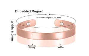 Detail of rose gold magnetic therapy bracelet showing 170mm length and 8mm width