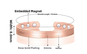 Macro view of rose gold magnetic therapy cuff bracelet showing 170mm length and 8mm width