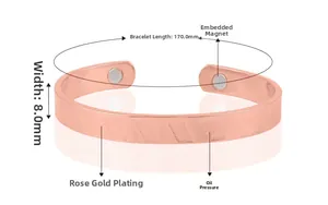 Macro detail of rose gold magnetic bracelet showing 170mm length and 8mm width dimensions