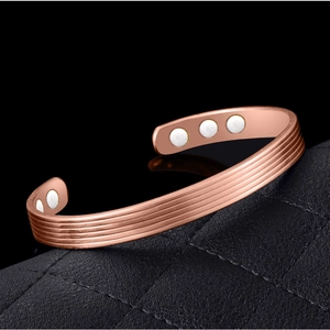 Rose gold magnetic therapy open cuff bracelet with horizontal grooves for women