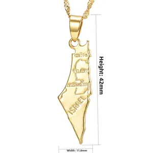 Detailed view of gold Israel map pendant necklace showing engraved city names and dimensions