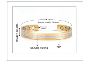 Detail of 18K gold magnetic therapy cuff showing 170mm length and 8mm width measurements