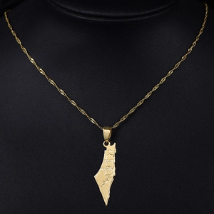 Detail of 18K gold plated Israel map pendant with Jerusalem engraving on neck model