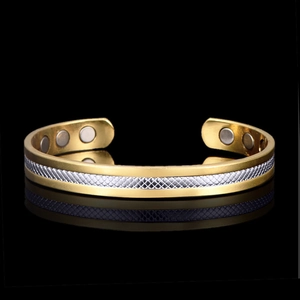 18K Gold Plated Copper Magnetic Therapy Bracelet Women Health Care Open Cuff Bangle Two Tone Geometric Jewelry Gift