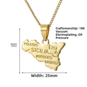 Detailed view of 18K gold Sicily map pendant with embossed Italian city names