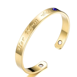 Polished gold C-shape magnetic bracelet with Her King engraving and crown design