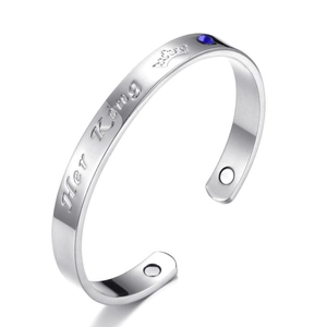Adjustable C-shape magnetic bracelet with Her King engraving and blue gemstone