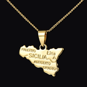 18K gold plated necklace with Sicily map pendant featuring major city engravings