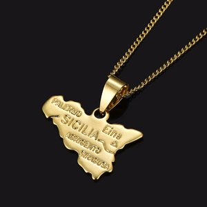 18K gold plated Sicily island map pendant necklace with regional name engravings on black