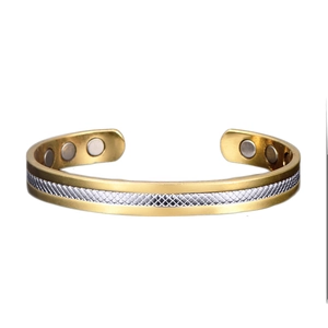 Minimalist 18K gold magnetic therapy open cuff bracelet with silver mesh texture