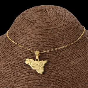 18K gold plated necklace with detailed Sicily map pendant featuring major city engravings