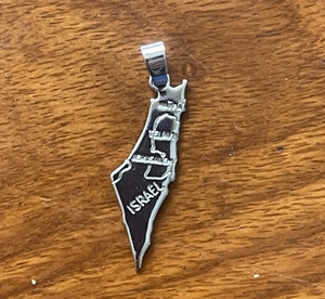 Polished Israel map pendant with engraved city names like Tel Aviv and Jerusalem