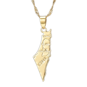 18K gold plated Israel map pendant necklace with engraved city names on twist chain