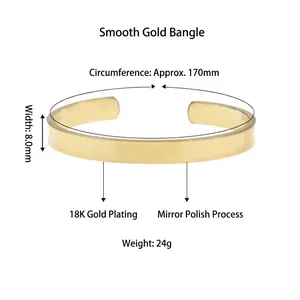 Polished 18K gold plated open cuff bracelet with 8mm width and mirror finish