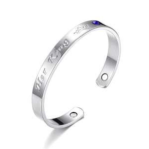 Silver stainless steel Her King cuff bracelet with blue stone and interior magnets