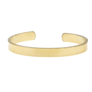 Minimalist open cuff bracelet in polished gold finish with a flat sleek metal surface