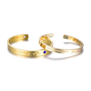 Magnetic Couple Bracelets His Queen Her King Open Cuff Bangles Copper 18K Gold Plated Rhinestone Crown Jewelry Set Lovers Gift