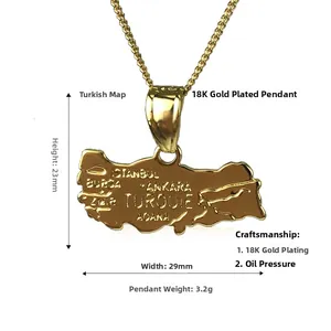 Detailed 18K gold-plated Turkey map pendant showing Istanbul and Ankara city engravings