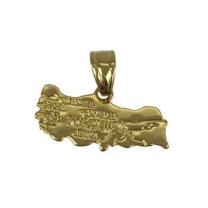 18K gold-plated Turkey map pendant featuring engraved major cities and metallic shine
