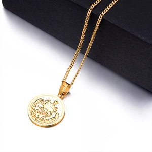 Golden hip-hop necklace featuring a round coin pendant with lion and sun engraving