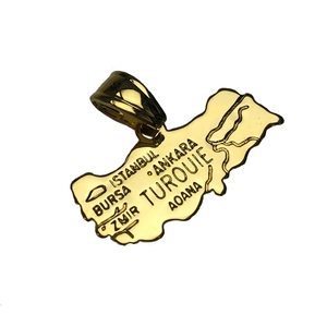 18K gold plated Turkey map pendant with engraved cities on white background