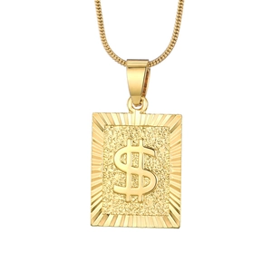 Hip Hop Copper 18K Gold Plated USD Symbol Rectangular Pendant Necklace Frosted Texture Currency Jewelry For Men Women