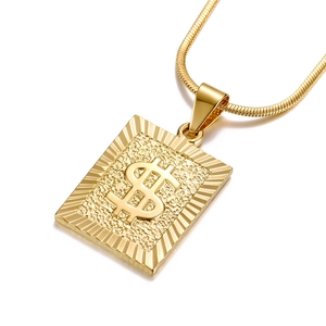 18K gold-plated necklace with rectangular dollar sign pendant on a sleek snake chain
