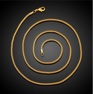 Detailed view of 18K gold plated round box chain with a secure lobster clasp closure