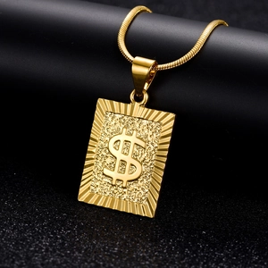 Hip hop gold necklace with a rectangular dollar sign pendant on a snakeskin chain