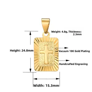 Macro detail of 18K gold plated cross pendant showing fine engraving and 24.8mm dimensions
